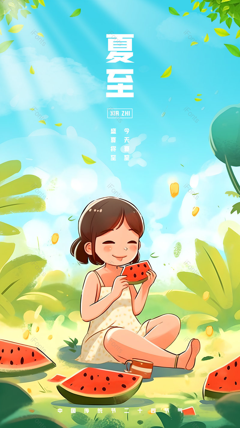 夏至夏天小女孩吃西瓜小清新海报设计,设计模板,设计模板大全,设计模板下载